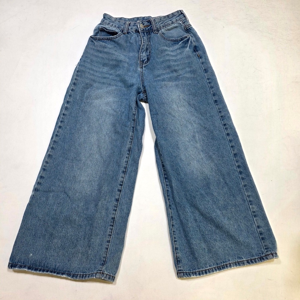 Wide Leg Jeans Womens 2 Blue High Waisted Raw Hem Distressed Denim 8514